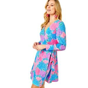 Lilly Pulitzer Wrap Dress Womens S Pink Blue Floral Long Sleeve Faux Wrap Jersey